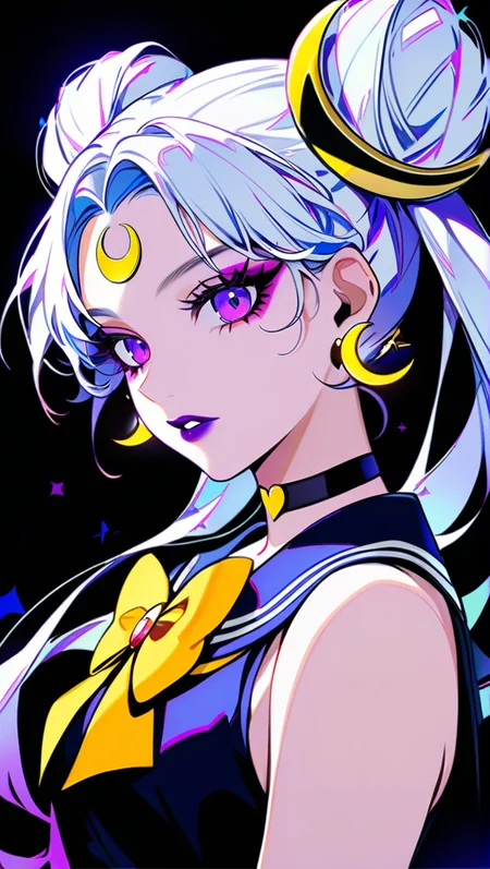 Alternative Sailor Moon, 1girl, solo, long hair, looking at viewer, bangs, shirt, hair ornament, bow, twintails, jewelry, purple eyes, upper body, white hair, earrings, parted lips, sleeveless, choker, bowtie, sailor collar, hair bun, from side, parted bangs, black shirt, eyelashes, sleeveless shirt, double bun, makeup, facial mark, lipstick, crescent, black background, tassel, yellow bow, eyeshadow, circlet, forehead mark, alternate eye color, alternate hair color, star earrings, dark persona, sailor senshi uniform, purple lips, crescent earrings, crescent facial mark, PonyXLV6_Scores, <lora:AltMoonPonyXL:1>
