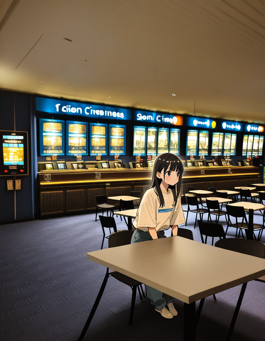 score_7_up, anime BREAK official art, solo, 1girl, one girl, 
Black hair, (chest length hair:1.2), Straight Hair, bangs, one tucked behind ear, black eyes, feature large highlight, feature double highlights, shaped eyeblow, 
<lora:Shopping_Mall-000006:1>, Shopping Mall, photo background, real world location, 
scenery, chair, indoors, table, cinema complex, movie theater refreshment counter, carpeted floor, concession stand
(masterpiece:1.3), best quality, high resolution, unity 8k wallpaper, extremely detailed CG, 8K, (watercolor \(medium\), muted color, sketch:1.1), perfect anatomy, highly finished, masterpiece, best quality, high quality, amazing quality, great quality, very aesthetic, ultra detailed, highres, absurdres, highly detailed, highly detailed background,