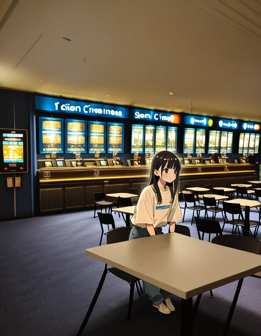 score_7_up, anime BREAK official art, solo, 1girl, one girl, 
Black hair, (chest length hair:1.2), Straight Hair, bangs, one tucked behind ear, black eyes, feature large highlight, feature double highlights, shaped eyeblow, 
<lora:Shopping_Mall-000006:1>, Shopping Mall, photo background, real world location, 
scenery, chair, indoors, table, cinema complex, movie theater refreshment counter, carpeted floor, concession stand
(masterpiece:1.3), best quality, high resolution, unity 8k wallpaper, extremely detailed CG, 8K, (watercolor \(medium\), muted color, sketch:1.1), perfect anatomy, highly finished, masterpiece, best quality, high quality, amazing quality, great quality, very aesthetic, ultra detailed, highres, absurdres, highly detailed, highly detailed background,