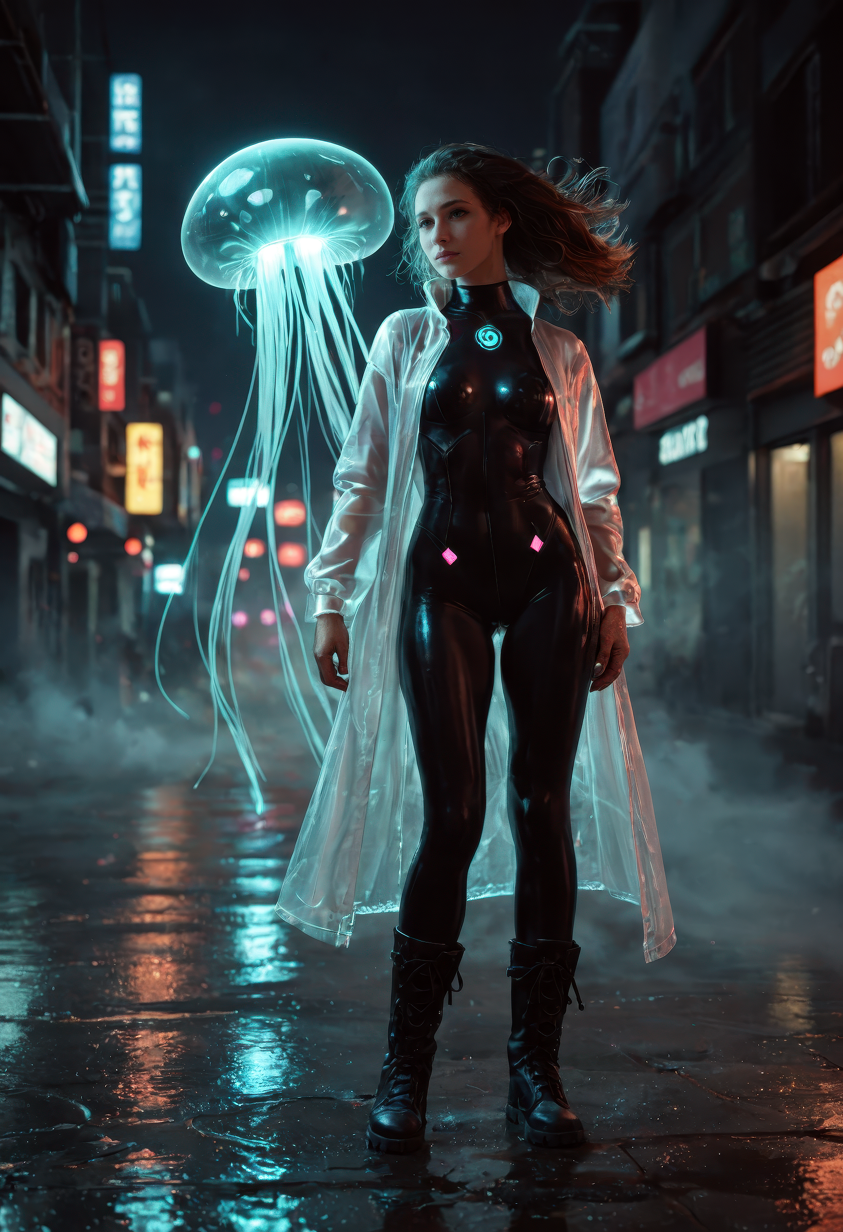 score_9, score_8_up, score_7_up, masterpiece, best quality, ultra-detailed, realistic, cyberpunk, dreamscape, solo, female, standing, ankle deep water, shallow water, tokyo, street, neon, hologram, glowing jellyfish, floating jellyfish, translucent coat, techwear, bodysuit, combat boots, glowing water ripples, surreal lighting, reflections, puddles, glowing signs, fog, ambient haze, windblown hair, cityscape, urban, reflective background, wide-angle
