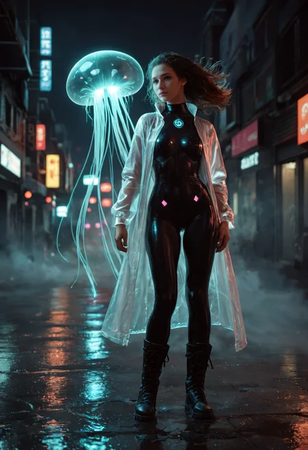 score_9, score_8_up, score_7_up, masterpiece, best quality, ultra-detailed, realistic, cyberpunk, dreamscape, solo, female, standing, ankle deep water, shallow water, tokyo, street, neon, hologram, glowing jellyfish, floating jellyfish, translucent coat, techwear, bodysuit, combat boots, glowing water ripples, surreal lighting, reflections, puddles, glowing signs, fog, ambient haze, windblown hair, cityscape, urban, reflective background, wide-angle