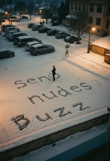 Looking down from the 10th floor of a high-rise building on a snowy winter evening, the scene reveals a parking lot blanketed in fresh snow. Warm streetlights cast a soft, golden glow over the snow-covered ground, creating long shadows and a peaceful atmosphere. In the snow below, the words 'send nudes' are faintly visible, but 'nudes' has been crossed out and replaced with 'buzz,' clearly written in large, boot-trodden letters. A lone figure stands near the words, their face obscured by a hood, seemingly unaware of being watched from above. The surreal humor of the message contrasts with the serene, wintry setting.