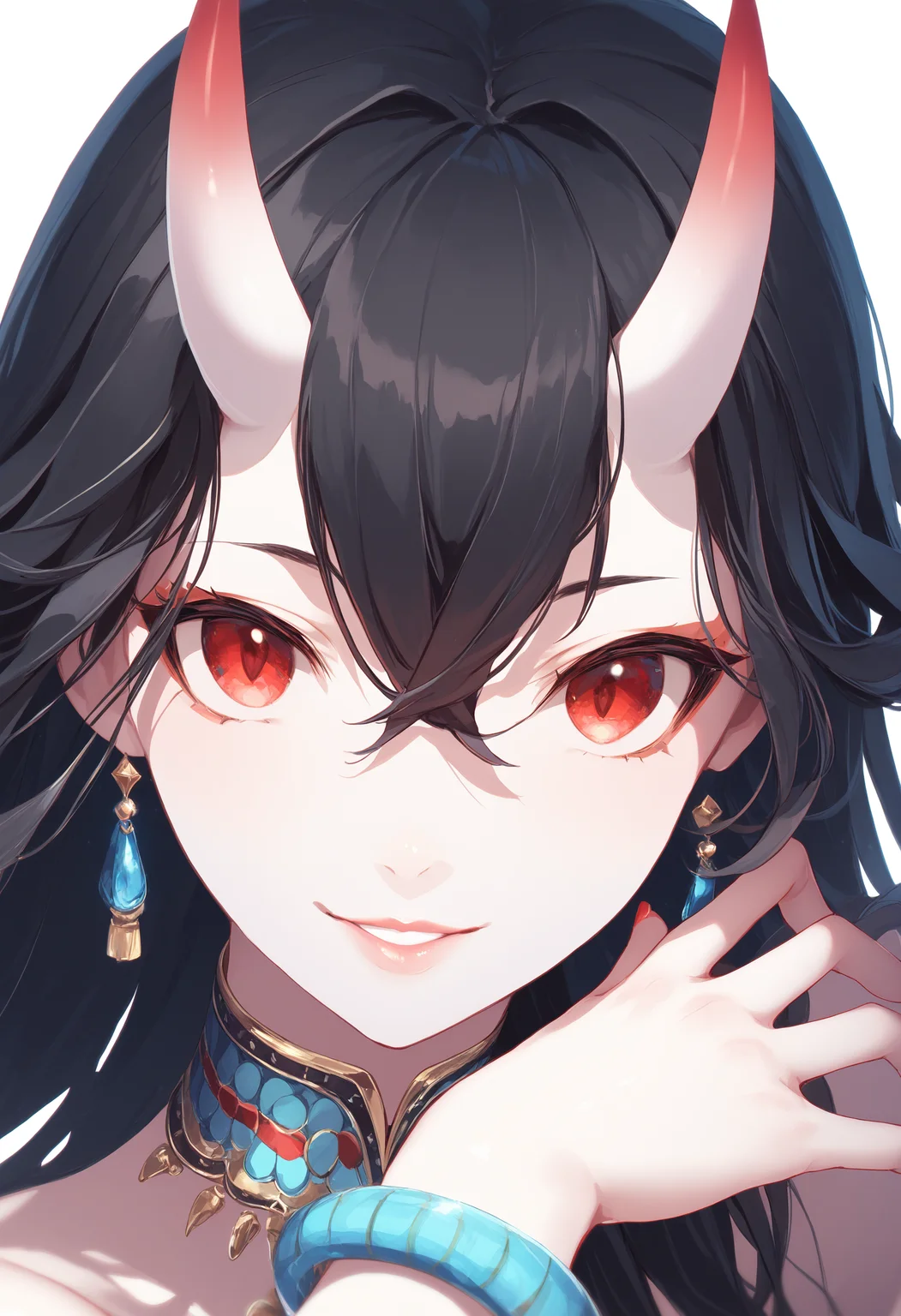 1girl, skin-covered horns, solo, red eyes, long hair, hair between eyes, bracelet, black hair, looking at viewer, pale skin, oni girl, simple background, white background, jewelry, smile, portrait, parted lips, colored skin, white skin, lips, close-up, nail polish,
score_9, score_8_up, score_7_up, masterpiece, best quality
<lora:oni_girl_concepts_v2:1>