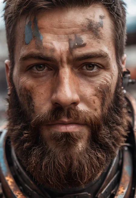 close up Portrait photo of muscular bearded guy in a worn mech suit, intricate, (steel metal [rust]), elegant, sharp focus, photo by greg rutkowski, soft lighting, vibrant colors, masterpiece, ((streets)), detailed face