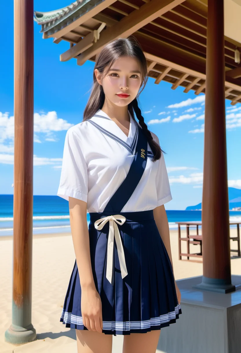 gini_s2, 1girl, solo, a beautiful woman standing at the beach in a japanese silk school uniform, perfect face, blue sky, ((looking at viewer)), ((fullbody)), (masterpiece, best quality, highres:1.3), (intricate and beautiful, side lighting, dynamic lighting:0.6),
<lora:gini_s2_xl:1>