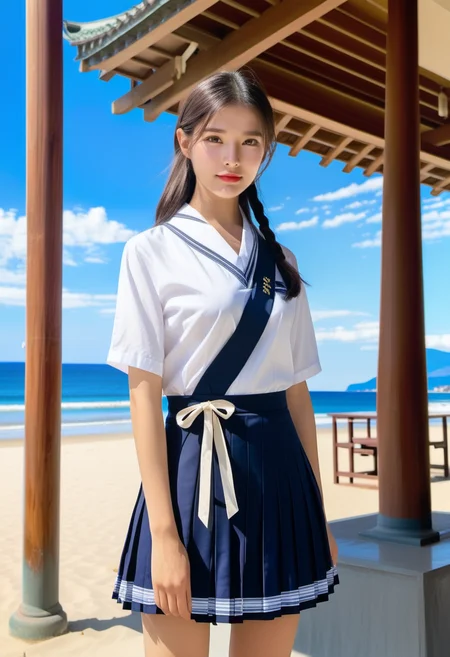 gini_s2, 1girl, solo, a beautiful woman standing at the beach in a japanese silk school uniform, perfect face, blue sky, ((looking at viewer)), ((fullbody)), (masterpiece, best quality, highres:1.3), (intricate and beautiful, side lighting, dynamic lighting:0.6),
<lora:gini_s2_xl:1>
