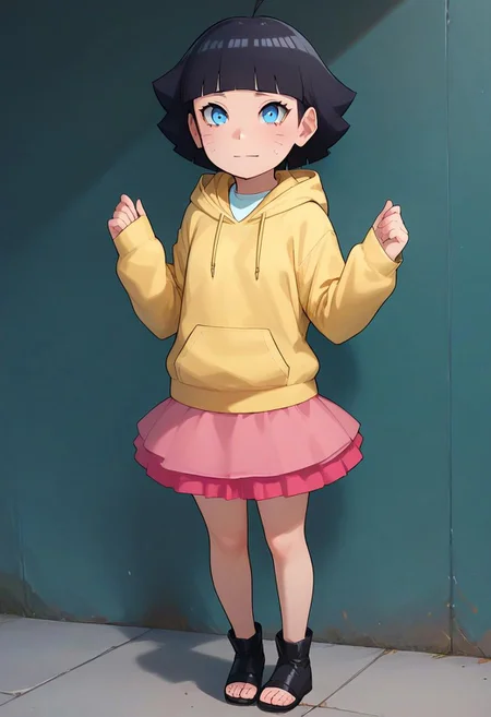 <lora:himawari-uzumaki-ponyxl-lora-nochekaiser:1> himawari uzumaki, short hair, bangs, black hair, straight bangs, cute,
1girl, cute, small petite chest, 
black short hair, Uzumaki_himawari, (masterpiece: 1.2), (ridiculousness: 1.2), (Highest quality: 1.2),  (lines on face), (under miniskirt, small round butt peeking out)), ((Under miniskirt, small round butt can be seen)), (Under the transparent top, round breasts stand out) Short black hair, showing ass, big, Short skirt sexy, Mini pink skirt, blunt bangs, blue eyes, ((Yellow hoodie, pink skirt)), Stand up, ((solamente)), full body