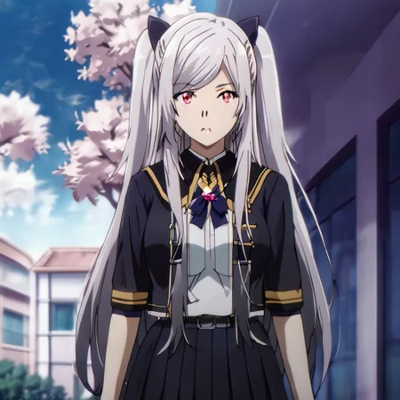 Black hair ribbon, gray hair, long hair, twintails, red eyes, large breasts, two side up, single hair bun, ponytail, wearing a classic Japanese school uniform with a pleated skirt and sailor top, standing in a school courtyard, cherry blossoms falling, sunny day, cheerful and serene atmosphere