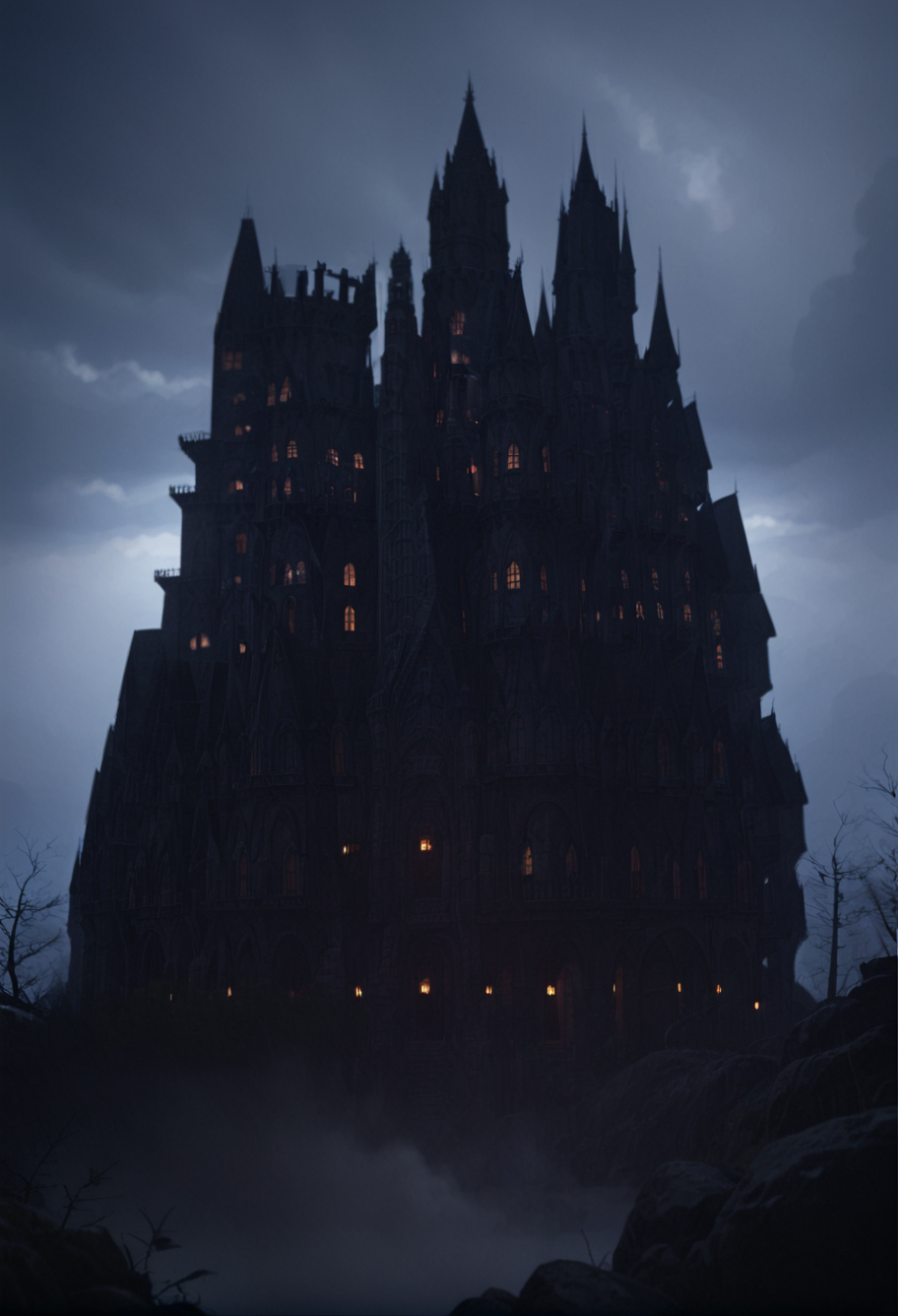 ,ruanyi1063,bare tree,castle,fog,<lora:1063 castle_v1_pony:1>, score_9,score_8_up,score_7_up,,8k,1girl,solo,,