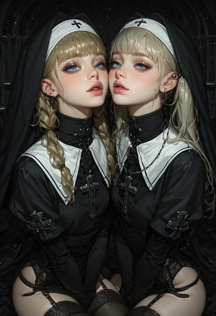 score_9, score_8_up, score_7_up, in a church, 2girls, 18 years old, perfect face, intricate features, light particles, gorgeous, innocent face, small face, picture perfect, messy, thin, blonde twintails, messed up hair, messy hair, blue eyes, side bangs, cute, slanky, very petite, very skinny, flat chested, freckles, pale skin, perfect face, volumetric lighting, bloom, post processing, skindentation, eyeshadow, goth, gothic, (nun veil:1.1), (necklace with a cross:1.1), garter belt, praying