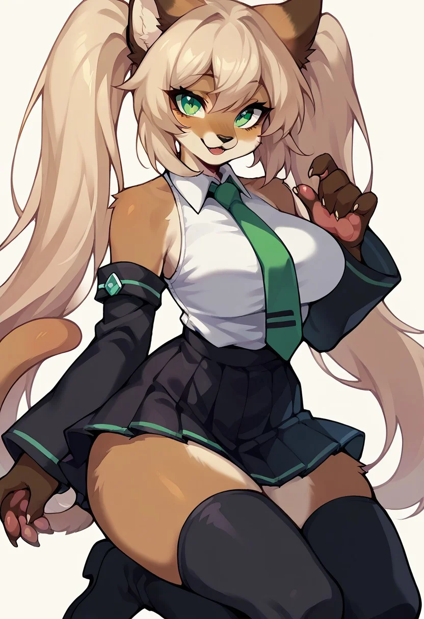 score_9, score_8_up, score_7_up, score_6_up, 2d, source_furry, furry, anthro, 1girl, solo, feline, cute, brown fur, green eyes, tan hair, long hair, twintails, (sidelocks), bangs, large breasts, looking at viewer, smile, green necktie, black footwear, black skirt, black sleeves, boots, collared shirt, detached sleeves, white shirt, pleated skirt, sleeveless shirt, thigh boots, tie clip,