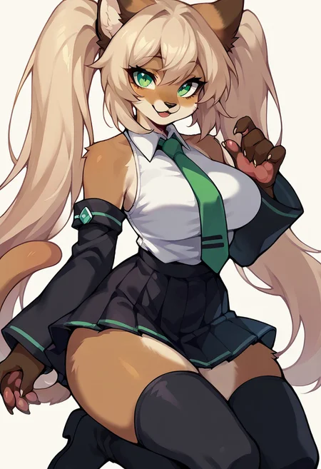 score_9, score_8_up, score_7_up, score_6_up, 2d, source_furry, furry, anthro, 1girl, solo, feline, cute, brown fur, green eyes, tan hair, long hair, twintails, (sidelocks), bangs, large breasts, looking at viewer, smile, green necktie, black footwear, black skirt, black sleeves, boots, collared shirt, detached sleeves, white shirt, pleated skirt, sleeveless shirt, thigh boots, tie clip,