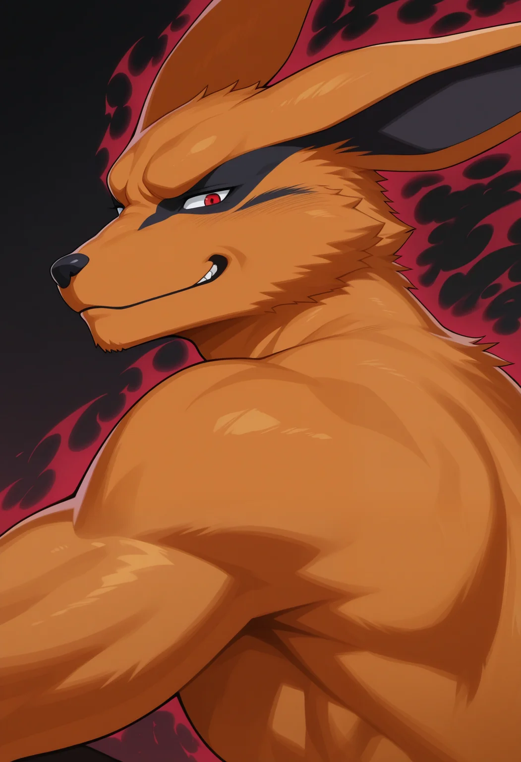 masterpiece,best quality,amazing quality, 1boy, solo, kur4m4, fox, red eyes, orange fur, muscular male, close up, side angle, smug, red aura, looking at viewer,