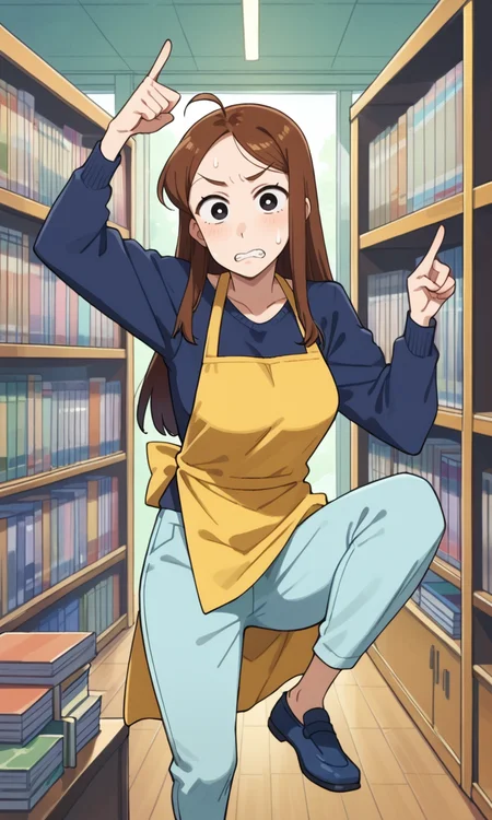 (1girl:1.5), (solo:1.3), (score_9, score_8_up, score_7_up, score_6_up, score_5_up, score_4_up), (source_anime), (rating_questionable), (book-nakamura), (black eyes, brown hair, long hair, ahoge, forehead, swept bangs), (dark blue sweater, light blue pants, yellow apron, no socks, dark blue footwear), (large breasts), <lora:book-nakamura-late_v1:0.8>, surprised, clenched teeth, open mouth, looking at viewer, sweatdrop,
indoors, bookstore, bookshelf,
standing, (hand sign, pointing:1.2), hands up, legs apart, fighting stance, spread arm horizontally
