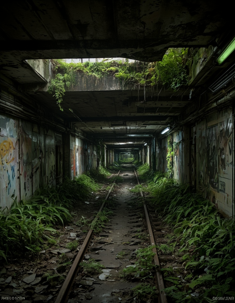 <lora:City_Worlds02_Lost_Operaflux:1> cw02lost, cyberpunk, abandoned subway station, vegetation, dirty, decay, dark, cracked, neons,