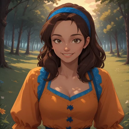 score_9, score_8, BREAK, solo, brown hair, brown eyes, blue ribbon, blue long dress, black shoes, dark skin, dark skin female, Isabel_(Elena_Of_Avalor), cute, sexy pose, self portrait, smile, outdoors, sunlight, shadows, evening lighting, natural lighting, forest, trees, grass, orange sky, sunset