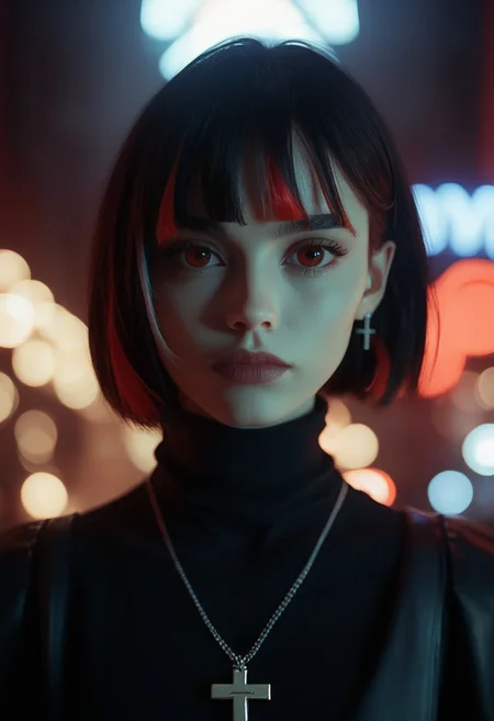 score_9, score_8_up, score_7_up, score_6_up, cinematic, cinema shot, film grain, depth of field, 1girl, solo, short hair, black hair, jewelry, looking at viewer, necklace, cross, portrait, bangs, red eyes, closed mouth, turtleneck, blurry background, cross necklace, lips, piercing, blurry, bob cut, eyelashes, highlights, boke, (dark:1.2)