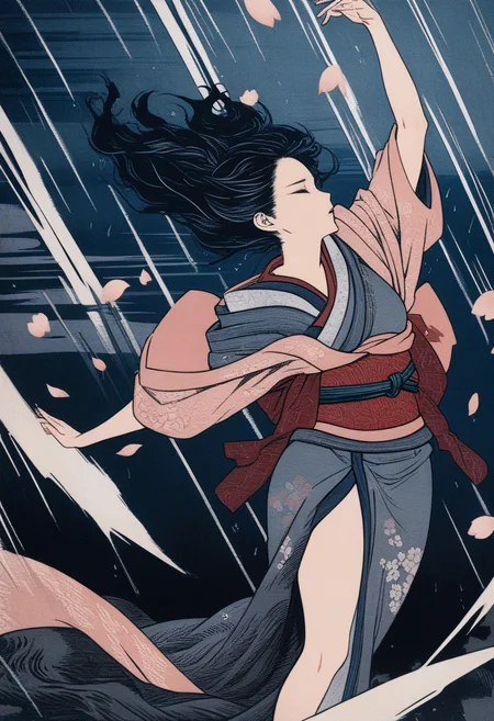 cherry blossoms  in a dark storm, light and shadow, a girl in kimono and dancing, cherry petals flying in the air, wind and rain, lightning, dynamic angle, close-up shot, (best quality), woodcuts, highly detailed, KHsty-XL <lora:KHsty-XL-v3-AN:0.7>