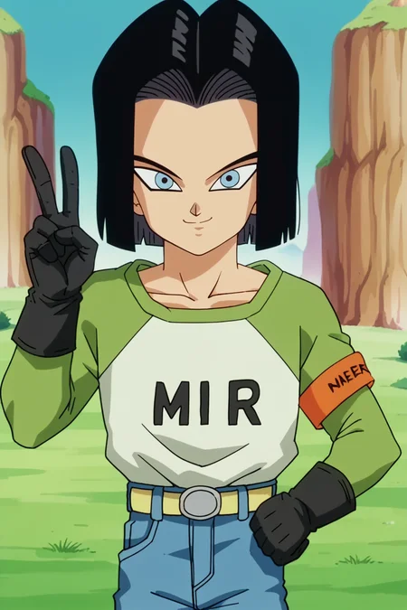 score_9,score_8_up,score_7_up, score_6_up, BREAK, android 17,anime screencap,1boy,solo,upper body,break wasteland, brown ground, plateau, blue sky, grass, water, black hair,short hair, light blue eyes,yellow belt, white shirt,green raglan sleeves, jeans, orange ranger armband,black gloves,hand on own hip, smile,looking at viewer, closed mouth, black clothes writing, long sleeves,mir, hand up, peace sign <lora:BreakWastelandPony:1> <lora:Android17Pony:1>