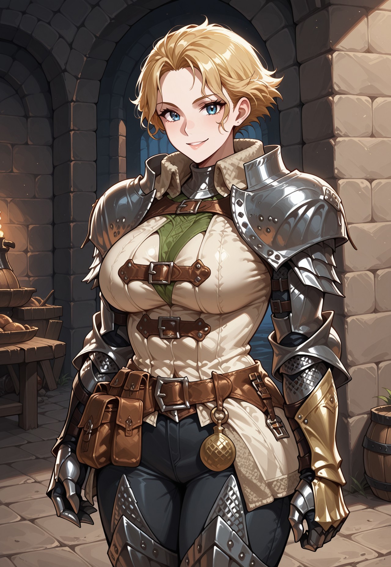 masterpiece, best quality, anime, smile, 1girl, solo, oliviamhw, blonde hair, short hair, big breasts, tunic, pants, chainmail, shoulder armor, gauntlets, leg armor, belt, pouch