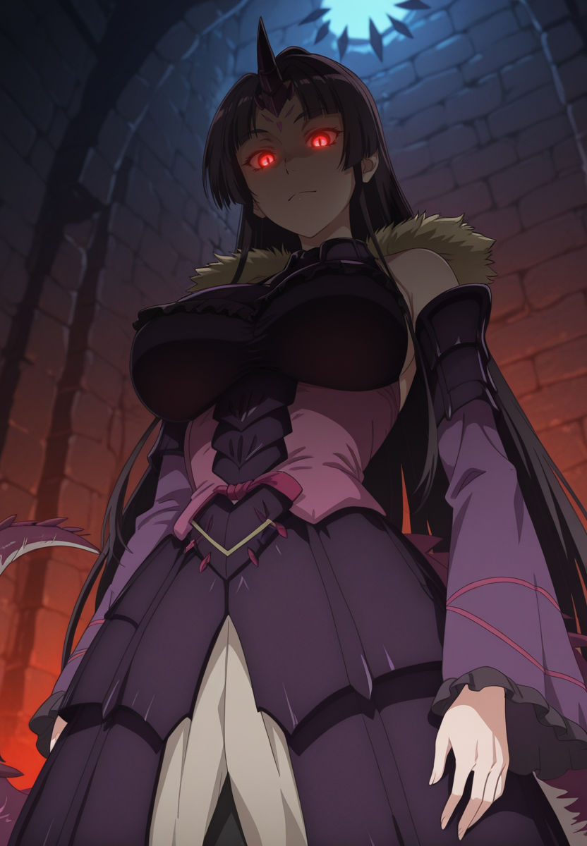 zPDXL3, score_9_up, score_8_up, score_7_up, ,Masterpiece,(perfect female body:1.2), small waist, (incredibly detailed:1.4), beautiful fingers, (large breasts:1.2) big breasts,  looking at viewer, looking at viewer, <lora:Wridra_-_Nihon_e_Youkoso_Elf-san-Kaleid_Illustrious:1> wridra_nye, 1girl, long hair, red eyes, black hair,  horns, forehead mark, dragon tail, fur trim, armor, dress,  dungeon, glowing eyes, looking down, from below,
