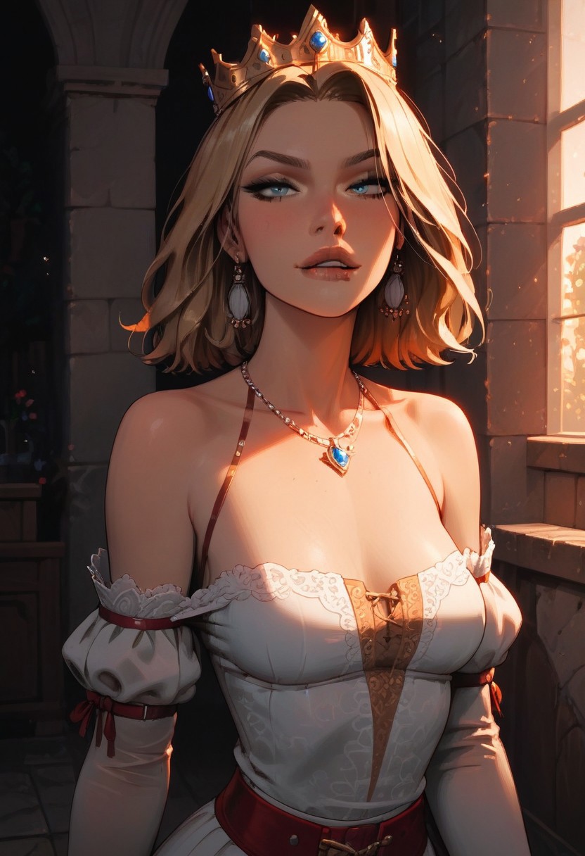 <lora:add-detail-xl:1.3>, score_9, score_8_up, score_7_up, score_6_up, score_5_up, score_4_up, rating_expilcit, 16K UHD, ng_deepnegative_v1_75t, masterpiece, highest quality, 1girl, solo, slimes_hiling, blonde medium hair, crown, blue eyes, small breasts, perky tits, undressing, breasts exposed, pull off her top, flash tits, bare shoulders, bare legs, g0thicPXL, sexy pose, pinup pose, seductive smile, horny, biting lips, Expressiveh, dynamic angle, (cartoon), afrobullstyle, vivid colors, cowboy shot, negative_hand, sunny day, medieval castle background, sexy attire