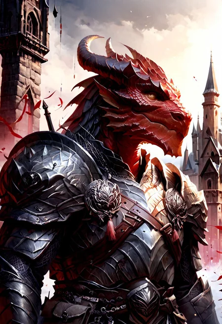 score_9, score_8_up, 8, score_7_up, score_6_up, solo, massive dragonborn with strong armor, red scale dragonborn, in the cathedral , dutch angle, scale mail armor, 40 year old, FFAOR,