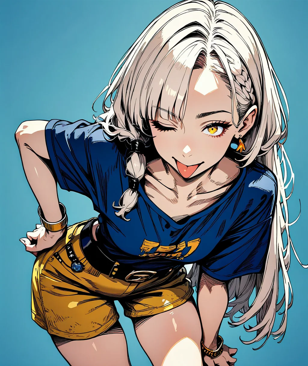 score_9, score_8_up. score_7_up, uncensored, <lora:coffee2hai:1> coffee2hai, score_9, coffee2hai, 1girl, tongue out, one eye closed, jewelry, bracelet, white hair, long hair, looking at viewer, hand on own hip, blue background, yellow eyes, blue shirt, simple background, shorts, braid, earrings, belt, collarbone, skirt, contrapposto, short sleeves, hair over shoulder, ;p, leaning forward, hand on own thigh