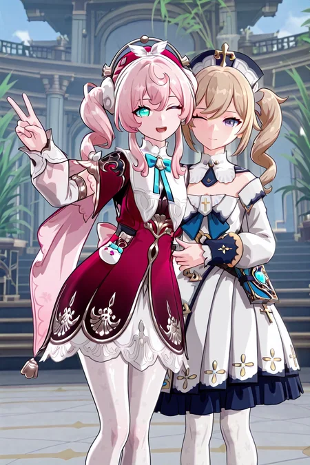 shiny skin, posing,
<lora:hyacine.il:1>,
2girls, 
hyacine, barbara, yuri, 
one eye closed, peace, light blush,