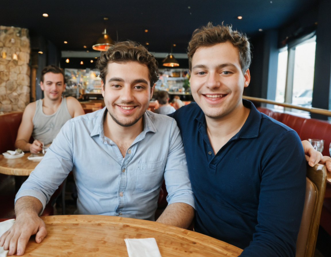 multipeoplelora, 3men, sitting in restaurant, portrait, happy