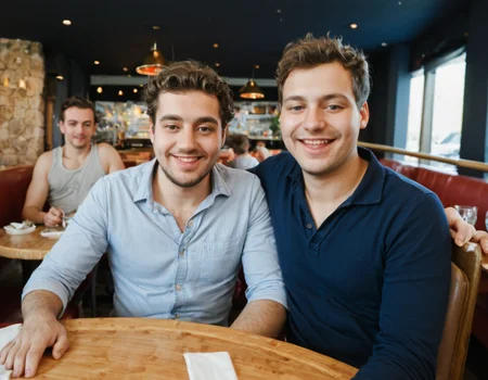 multipeoplelora, 3men, sitting in restaurant, portrait, happy