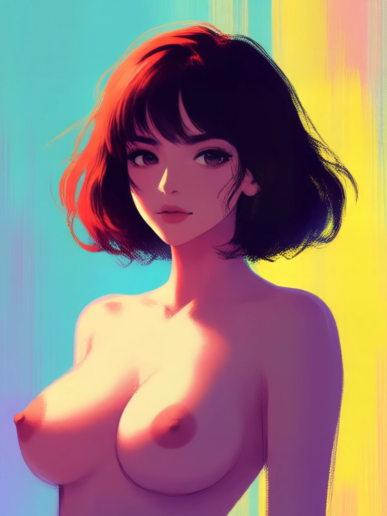 An animated painting in impressionistic style with bold brush strokes about the side silhouette of a beautiful woman with pretty eyes and shorter brown hair and large bare breasts with large nipples over a simple colorful background. She turns her head directly at the viewer.