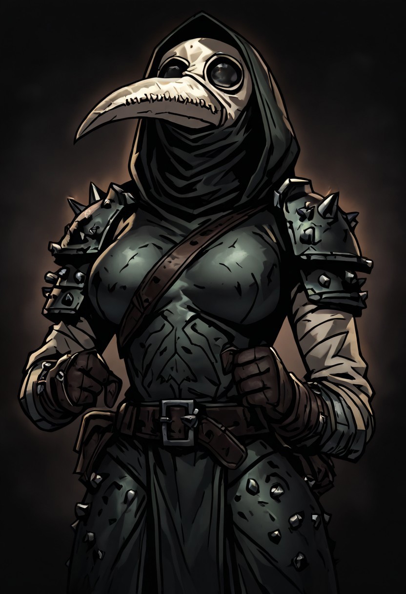 masterpiece, best quality, newest, absurdres, highres, DDstyle, official style, black eyes, shaded eyes, 1girl, DDPD-V1.1, plague doctor mask, mask, armor, shoulder pads,