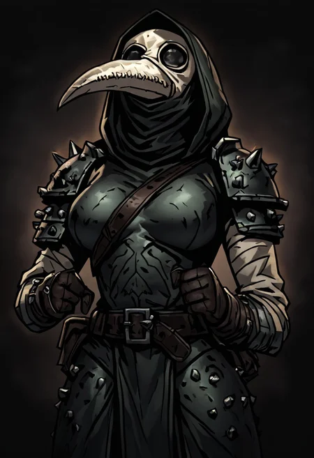 masterpiece, best quality, newest, absurdres, highres, DDstyle, official style, black eyes, shaded eyes, 1girl, DDPD-V1.1, plague doctor mask, mask, armor, shoulder pads,