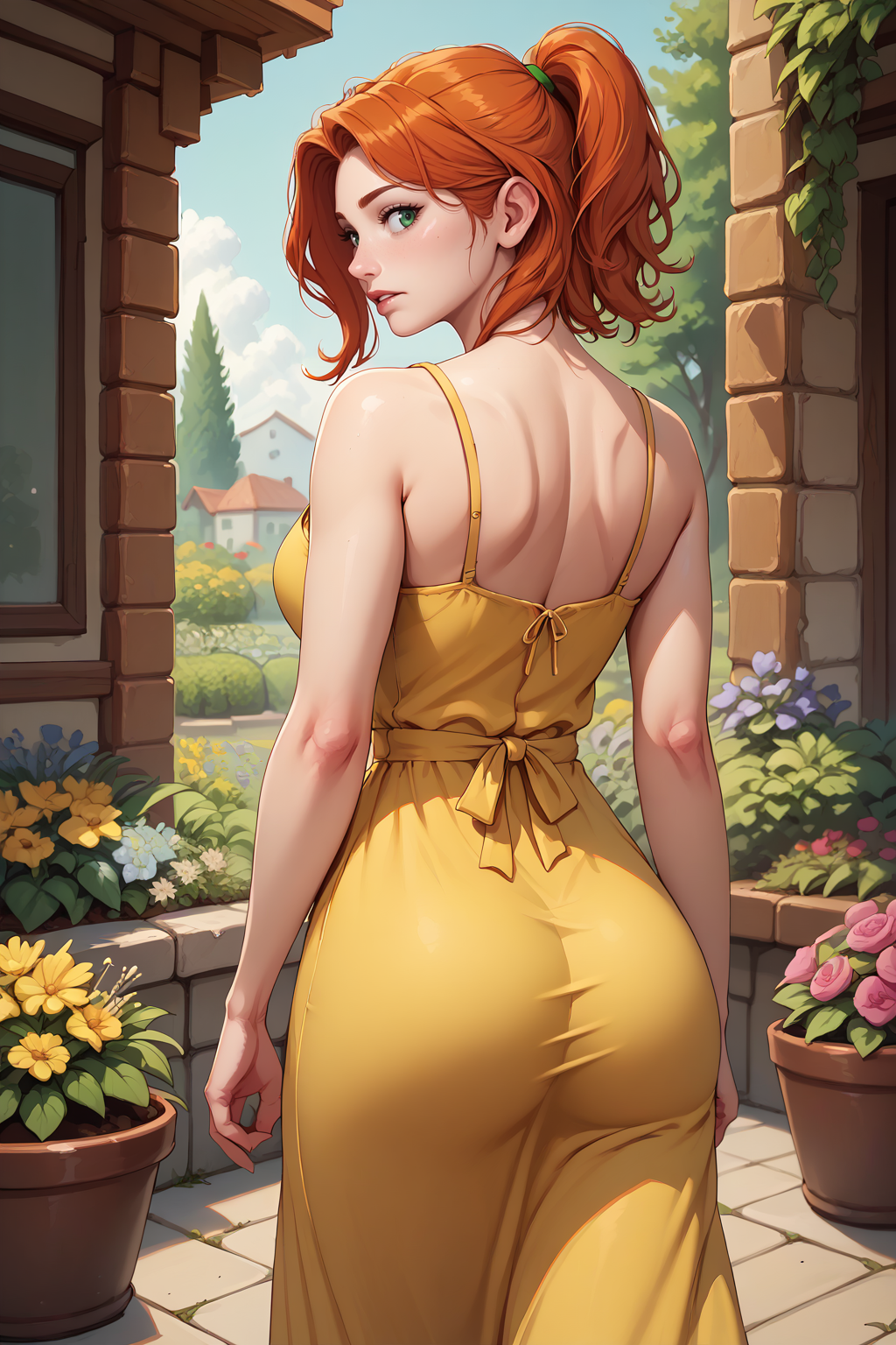 score_9, score_8_up, score_7_up BREAK 1girl, solo, <lora:NSRobinStardew:1> NSRobinStardew, ginger hair, ponytail, medium hair, green eyes,  ponytail, yellow sundress, from behind, looking back, garden, curvy