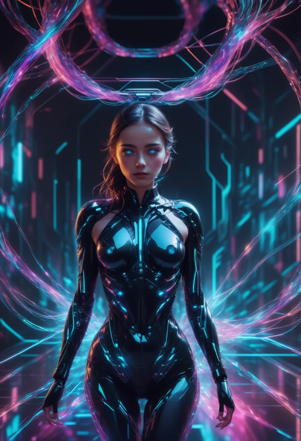 masterpiece, high quality, anime style, 2d, running, heijzel is a cyborg made of Jed-CyFut<lora:CyberFuturisticStyle:0.9> , black choker,medium teardrop breasts,, Heijzel <lora:HeijzelSDXL-000005:0.95>,, Heijzel is a cyborg, created to arouse lust and desire in the other person, her body is well formed, her suit is connected to her body, cables protrude from her bodysuit to the technical devices in the background, the cables are charged with neon light and fill the woman with energy, many cables merge in the most harmonious way of caos in a symbiosis with the background, a sci-fi scenery created to captivate the viewer, Heijzel is pure seduction, <lora:SDXLFaeTastic2400:0.6>,, She storms towards the viewer, massive speed, focus on the face