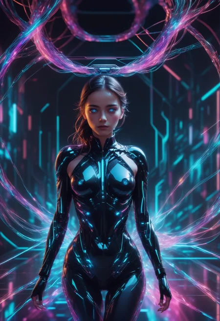masterpiece, high quality, anime style, 2d, running, heijzel is a cyborg made of Jed-CyFut<lora:CyberFuturisticStyle:0.9> , black choker,medium teardrop breasts,, Heijzel <lora:HeijzelSDXL-000005:0.95>,, Heijzel is a cyborg, created to arouse lust and desire in the other person, her body is well formed, her suit is connected to her body, cables protrude from her bodysuit to the technical devices in the background, the cables are charged with neon light and fill the woman with energy, many cables merge in the most harmonious way of caos in a symbiosis with the background, a sci-fi scenery created to captivate the viewer, Heijzel is pure seduction, <lora:SDXLFaeTastic2400:0.6>,, She storms towards the viewer, massive speed, focus on the face