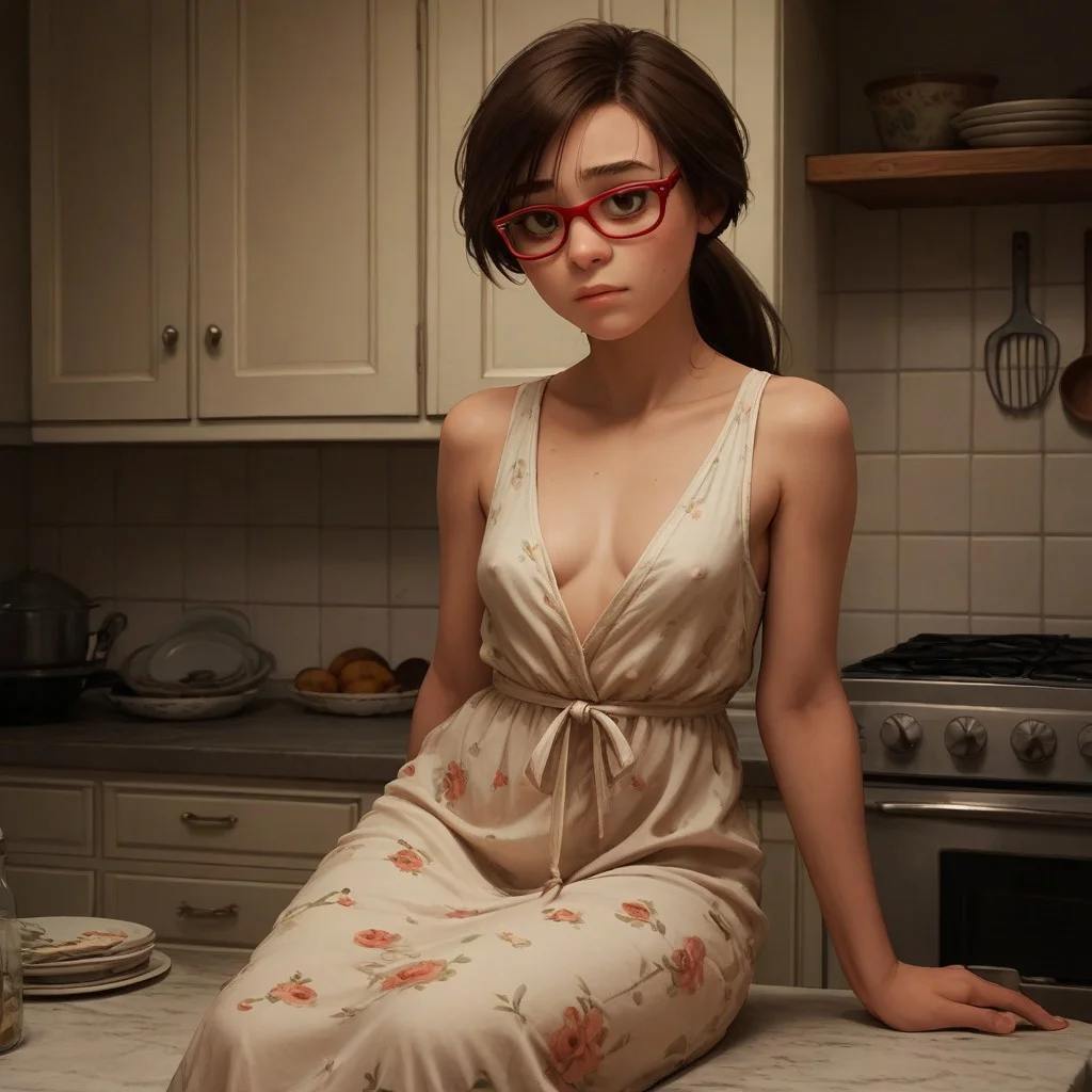 score_9, score_8_up, score_7_up, score_6_up, score_5_up, score_4_up, rating_explicit, 1girl, Ji_llA, red framed eyewear, ponytail, sitting on a kitchen counter, small saggy breasts, cleavage, large hips, sexy pose, loose dress