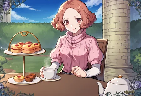 score_9, score_8_up, score_7_up, source_anime, BREAK, solo, 1girl, smile, looking at viewer, <lora:Teatime-pdxl_Fp:1>, teatime, table, food, cup, teacup, teapot, outdoors, sky, sitting, chair, <lora:HaruP5-pdxl:0.9>, defHaru, short hair, pink ribbed sweater, turtleneck sweater, short over long sleeves, plaid skirt, pleated skirt, print pantyhose