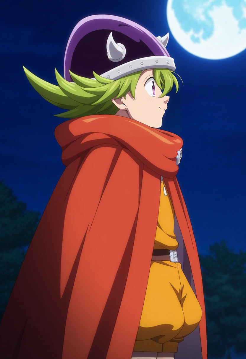 masterpiece, best quality, anime screencap, official style, anime coloring, cowboy shot, 1boy, solo, male focus, <lora:percival_nnt_mny_ilxl:0.92>, percival_nnt_mny, green hair, purple eyes, spiked hair, hair between eyes, bangs, helmet, horned headwear, orange cape, puffy shorts, profile, treetops city, night, full moon, singing, :\3,