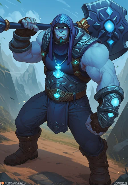 score_9_up, score_8_up, score_7_up, solo, 1boy, lol_yorick, muscular, blue skin, glow blue sclera, beard, hood, necklace, chest armor, belt, pants, boots, fingerless gloves, holding big shovel, fighting pose, male focus, angry,