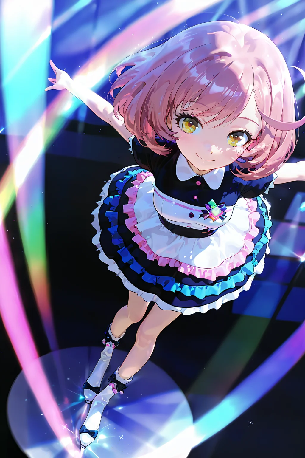 masterpiece, best quality ,very aesthetic, absurdres, ayase naru, newest, <lora:ayase naru:1>, ayase naru, ice skating boots, beautiful, white shiny dress, beautiful, ultra detailed, atmospheric, from above, on stage, shiny, hope, dramatic angle, malerisch,ephemeral, yellow eyes, cute, 13 years old, pink hair, dancing, passionate, rainbow, colorful, kawaii,darkness, blurred foreground, watercolor, short hair, detailed beautiful eyes, detailed beautiful hair, smile, full body, ballet pose, <lora:spo_sdxl_10ep_4k-data_lora_webui:1>, face focus,