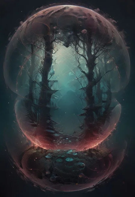 Surreal circles glitchcore, double exposure, poster style, geometric, circles and spheres, glitchy, eerie