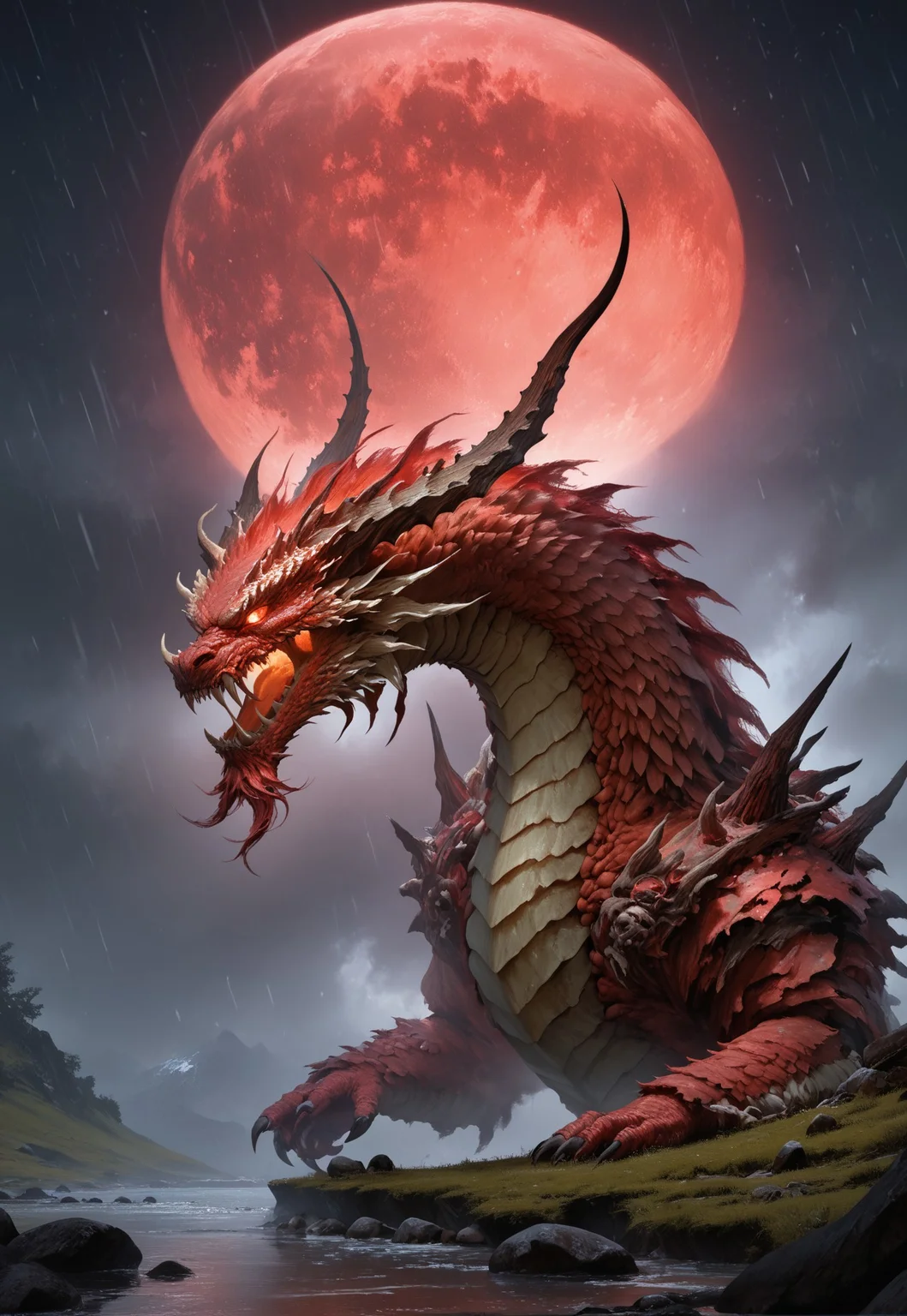 score_9, score_8_up, score_7_up, score_6_up, score_5_up, score_4_up, a majestic dragon top of a mountain, snowstorm in an apocalyptic winter with a red moon in the background and a red sky, vivid colors, vibrant, hair,  surreal images, unreal engine 5, higher resolution textures, 4k graphic resolution,photorealistic,HD32k, colorful,beautiful scenery,rain,starry sky,night, reflection,no humans, vivid colors,