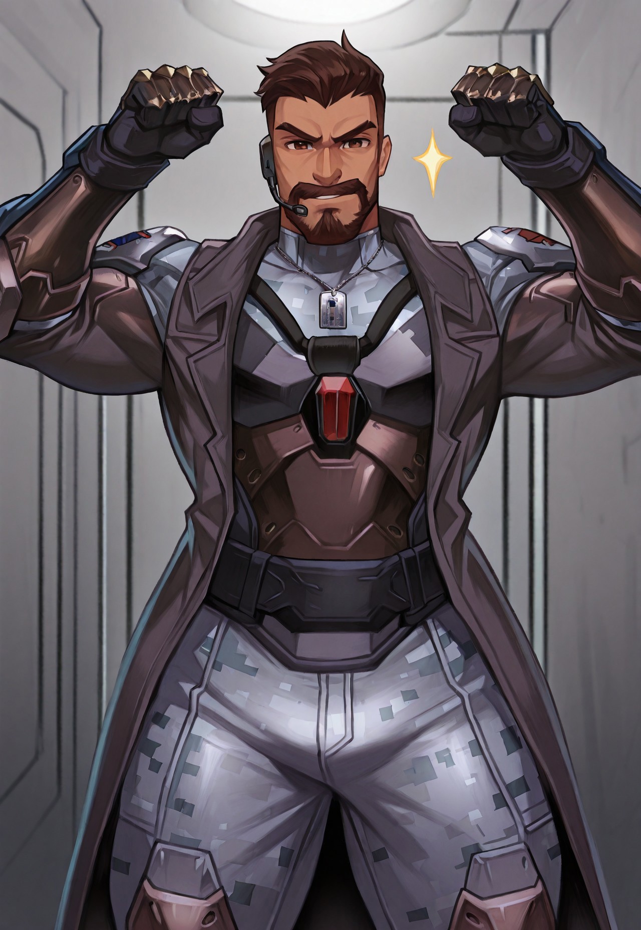 anime, source_anime, animification, fanart, reaper \(soldier: 24\) \(overwatch)\, 1boy, bara, muscular, dark skin, short hair, brown hair, brown eyes, detailed eyes, undercut, beard, muscular male, nude, large pectorals, broad shoulders, small waist, wide hips, thick thighs, curvy man, armor, gloves, dogtag, earphone, gray camouflage top, trench coat, long sleeves, gauntlet, confident victory pose, confident expression, detailed background, modern apartement, best quality, absurdres, newest, perfect quality, detailed background, intricate details, anime, source_anime, animification