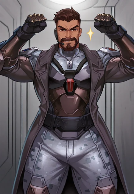 anime, source_anime, animification, fanart, reaper \(soldier: 24\) \(overwatch)\, 1boy, bara, muscular, dark skin, short hair, brown hair, brown eyes, detailed eyes, undercut, beard, muscular male, nude, large pectorals, broad shoulders, small waist, wide hips, thick thighs, curvy man, armor, gloves, dogtag, earphone, gray camouflage top, trench coat, long sleeves, gauntlet, confident victory pose, confident expression, detailed background, modern apartement, best quality, absurdres, newest, perfect quality, detailed background, intricate details, anime, source_anime, animification