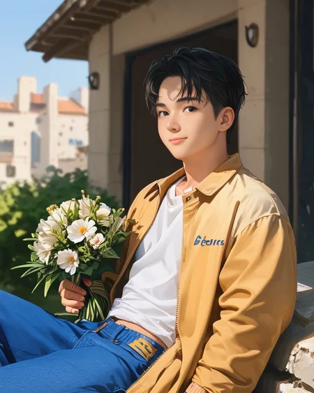 score_9, score_8_up, score_7_up, Korean, <lora:Expressive_H:1>, ((handsome young cute man:1.2, light skin)), ((23yo)),(focus male, solo:1.1), masterpiece, best quality,
The image features a young man sitting on the edge of a rock with a relaxed posture. He is dressed in a casual outfit that consists of white beige trousers and a matching beige jacket. Underneath the jacket, a white t-shirt is visible. The man is holding a small bouquet of flowers, which he seems to be presenting or offering.
 He is slight smiling and looking directly towards the camera, conveying a sense of joy or anticipation. The man has short, dark hair and appears to be in his late teens or early twenties. The background of the image is out of focus but suggests an outdoor setting with architectural features like a building and a structure with a corrugated metal roof.
The style of the image is candid and appears to be a lifestyle or fashion photograph, with shallow depth of field that keeps the person in sharp focus while the background fades into soft colors. The lighting is bright and even, suggesting a sunny day. There are no texts visible in the image.
 <lora:tae_dong-000019:1>, tae_dong