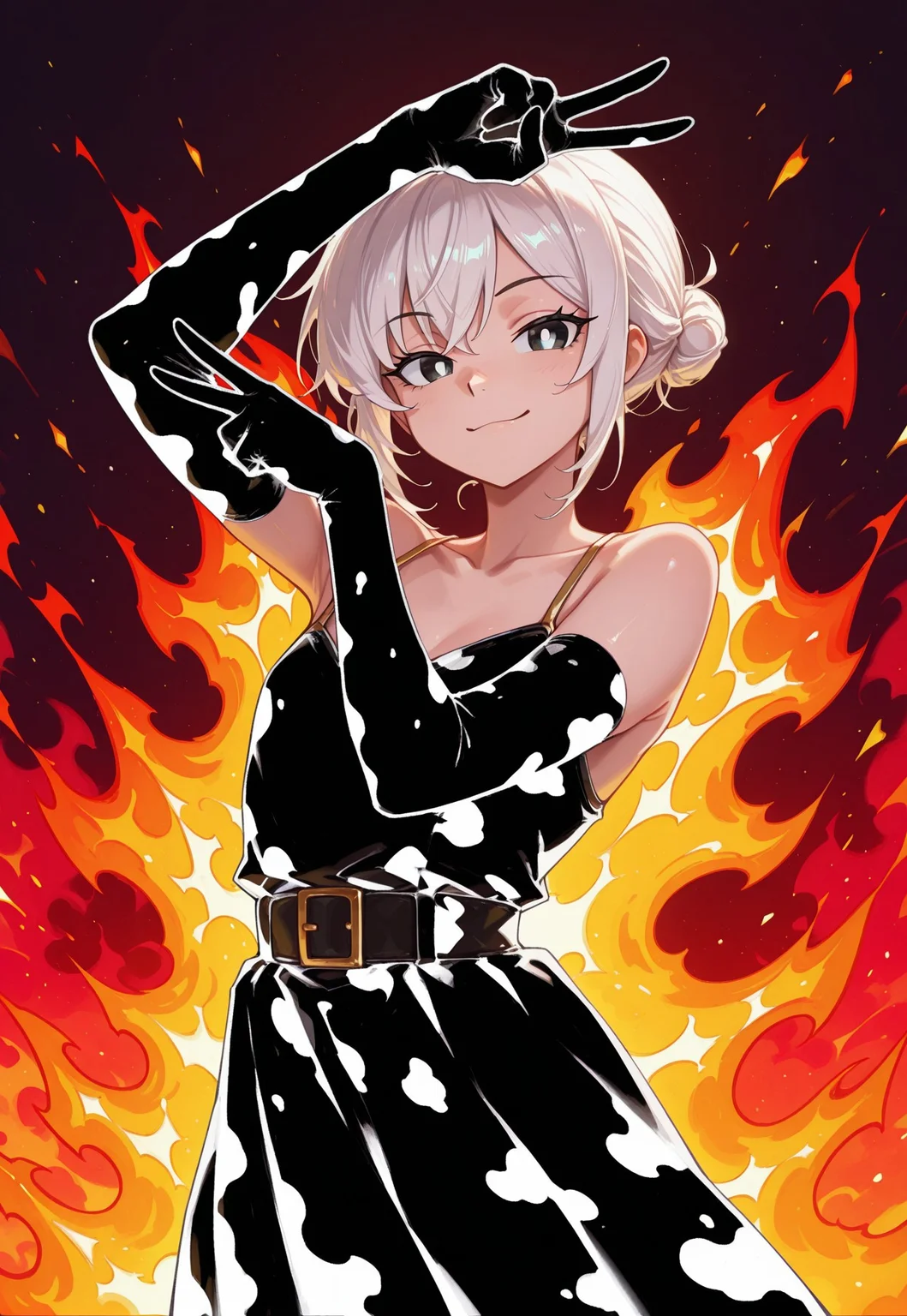 androgynous, safe, dress, invpa, elbow gloves, upper body, pose, v,
flame background, colorful fire,
masterpiece, absurdres, newest, [dynamic pose]