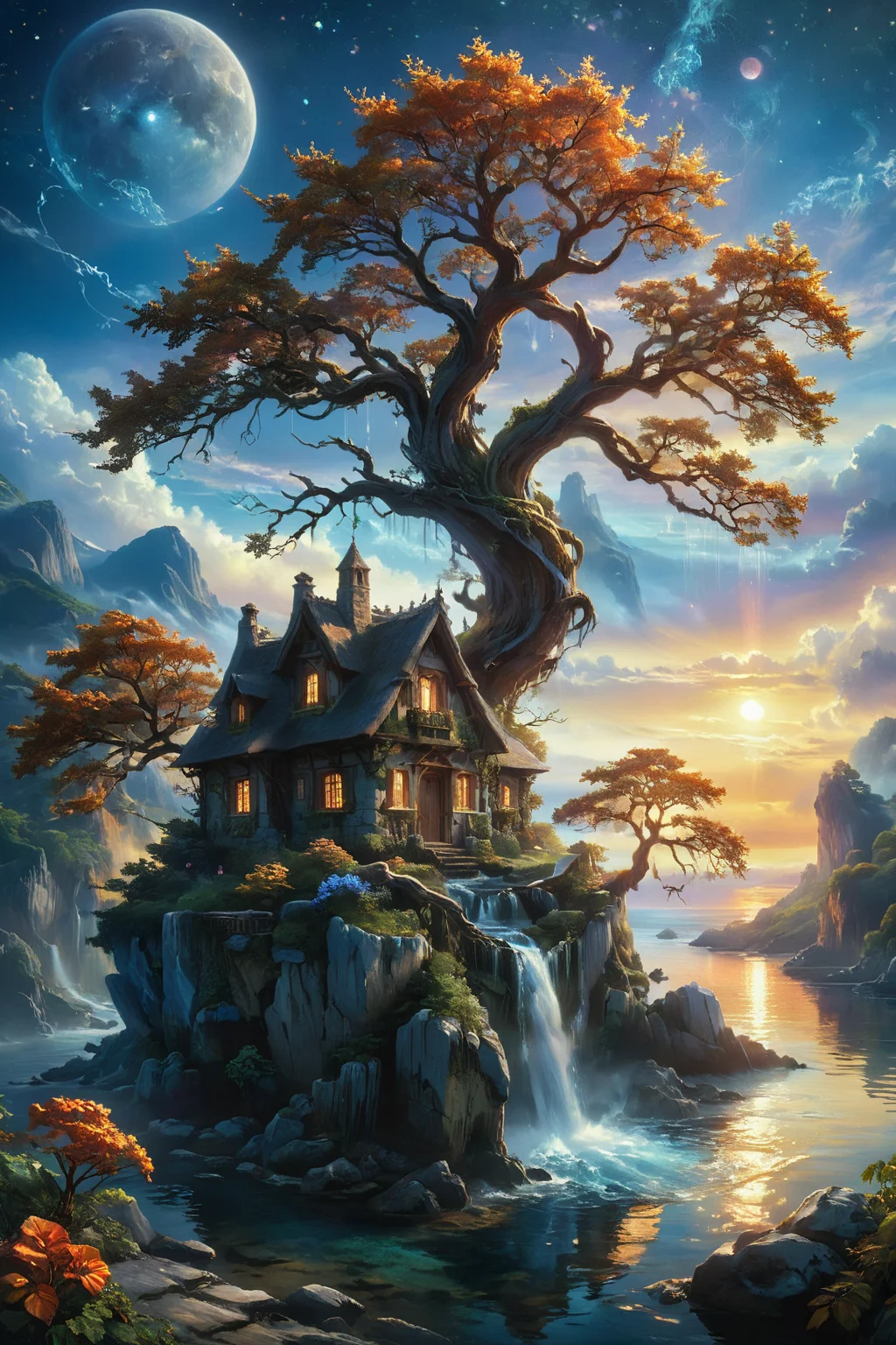 A stunning, hyper-realistic fantasy scene featuring a floating island with a quaint, rustic cottage and an ancient, majestic tree. A cascading waterfall flows gracefully from the island, creating a mystical and serene atmosphere. The sky above is a riot of colors, with vibrant hues blending seamlessly to enhance the ethereal quality of the scene. The intricate details of the tree's gnarled branches, the textured stones of the cottage, and the shimmering water droplets are meticulously rendered. The environment exudes a magical, dreamlike ambiance, making it feel like a paradise straight out of a fairytale. Fantasy, magical, hyper-realistic, detailed, vibrant, serene, ethereal, dreamlike, mystical, breathtaking. sunset, vibrant colors,
<lora:ral-mtclniscp-sdxl:0.75> ral-mtclniscp,
<lora:add-detail-xl:1.0>,
<lora:EnvyBetterHiresFixXL01:1.0>,
<lora:extremely_detailed:1.0>, extremely detailed,
<lora:EldritchMixIllustration_1.1:0.5>,
<lora:zavy-cntrst-sdxl:0.75> dark, chiaroscuro, low-key,
<lora:xl_floating:0.85> floating island, surreal,