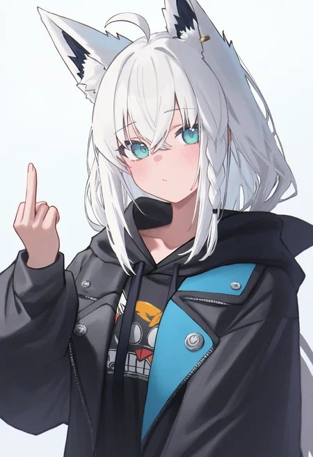 omo-anon ,shirakami fubuki, 1girl, solo, long hair, looking at viewer, blue eyes, simple background, long sleeves, animal ears, hair between eyes, jewelry, jacket, upper body, white hair, ahoge, sidelocks, earrings, virtual youtuber, hand up, hood, official alternate costume, black jacket, animal ear fluff, aqua eyes, fox ears, hoodie, fox girl, black hoodie, fox shadow puppet, middle finger,,masterpiece,best quality,newest,absurdres,highres,very awa <lora:None:1.0> <lora:Anon_Style2-000009:0.9500000000000002>